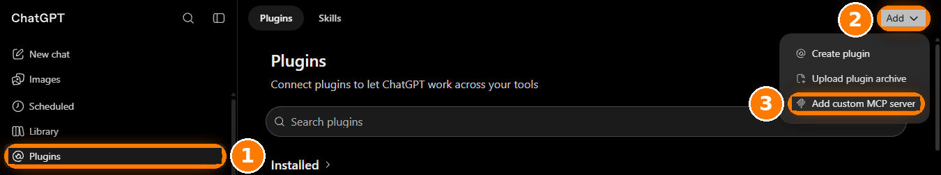 ChatGPT Plugins, Add menu with Add custom MCP server