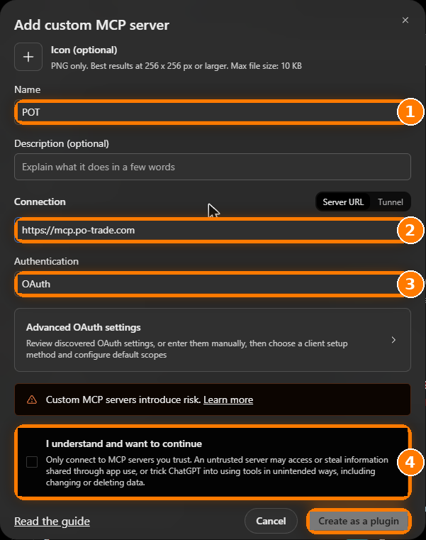 the Add custom MCP server form in ChatGPT