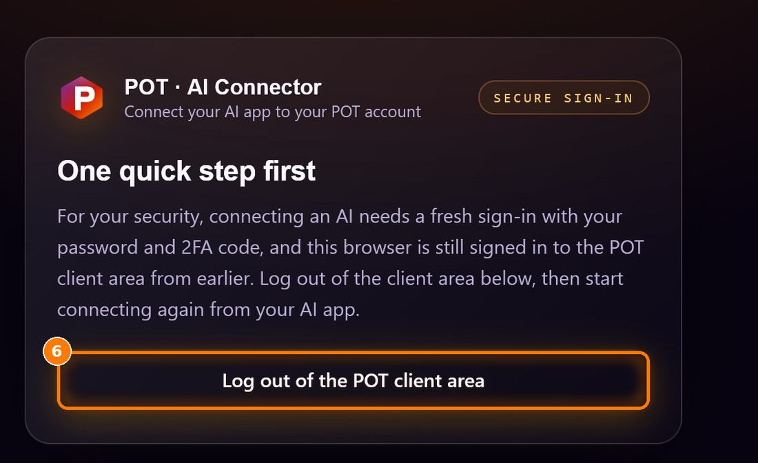The One quick step first page with the Log out of the POT client area button