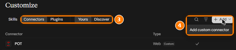 Claude → Customize → Connectors, with the Add menu open