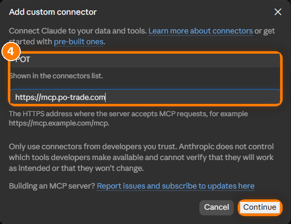 the Add custom connector window, filled in