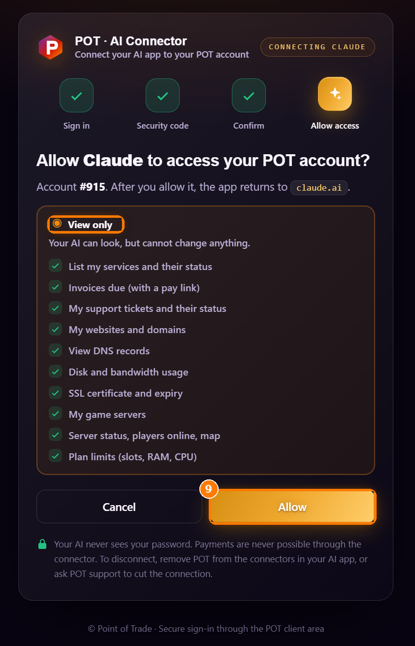 Allow Claude to access your POT account?