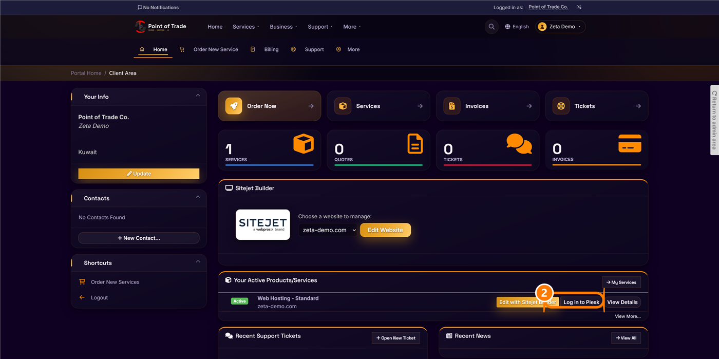 Your Web Hosting service and the Log in to Plesk button