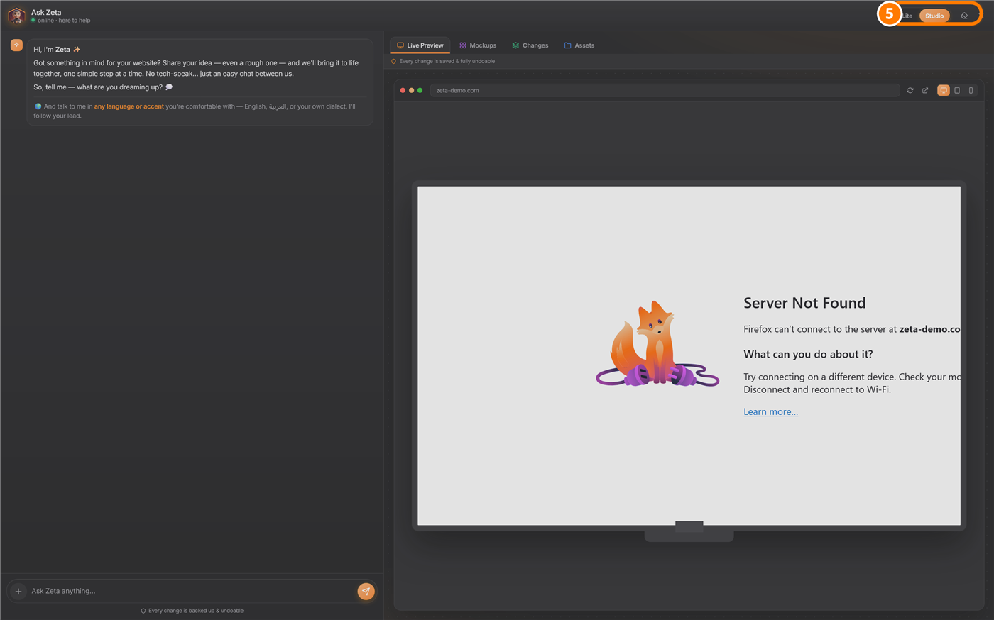 Zeta Studio — your site builds live on the right while you chat on the left